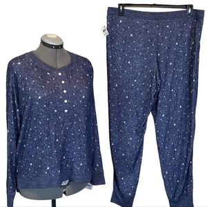 XXL NWT Alfani Women's Long-Sleeve Hacci Henley Pajama Jogger Lounge Set Blue